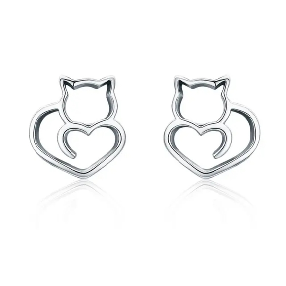 925 Sterling Silver Kitty Cat Heart Earrings - Picture 3 of 3